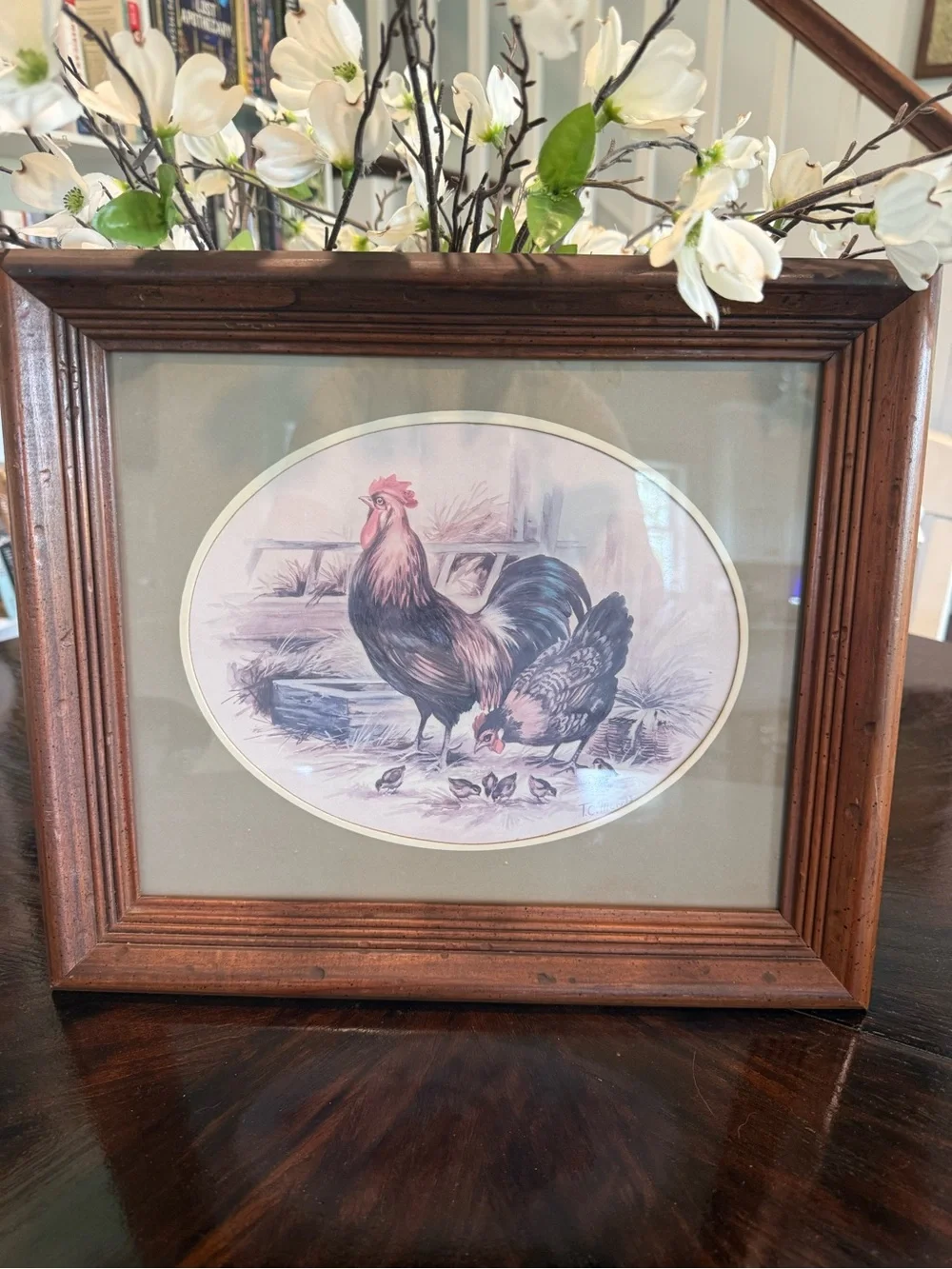 Farmhouse Rooster Wall Art in Brown Frame with Olive Mat